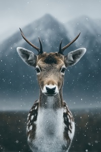 Winter Deer Portrait With Snowfall And Mountain Mist