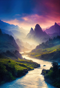 Fantasy Landscape 04 River and Magical Mountains