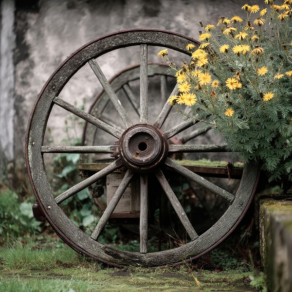 Old Wooden Wagon Wheel by Yellow Flowers by Matthias Hauser