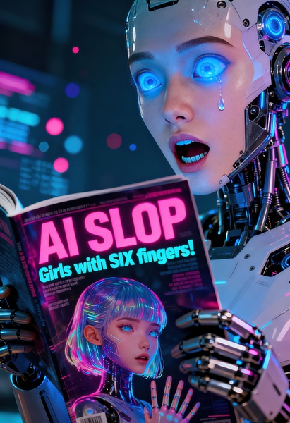 Cyborg Reading Ai Slop Magazine Six Fingers Meme by Matthias Hauser