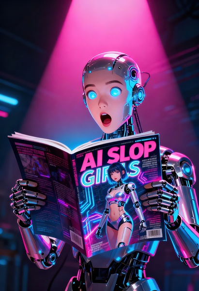 Cyborg Reading AI Slop Magazine by Matthias Hauser