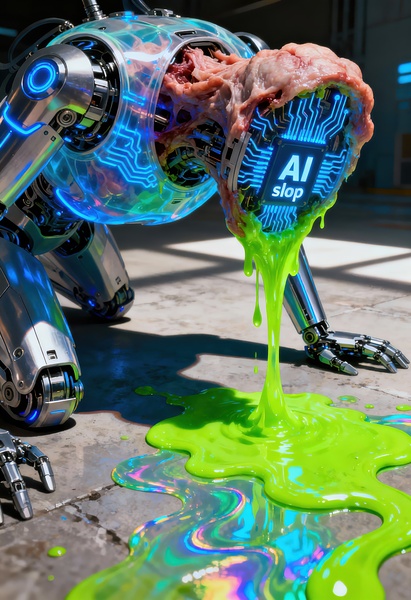 Robot Figure Vomits Neon AI Slop by Matthias Hauser