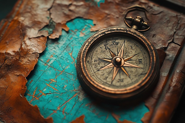 Vintage Compass on Weathered Map - Exploration and Mystery by Matthias Hauser