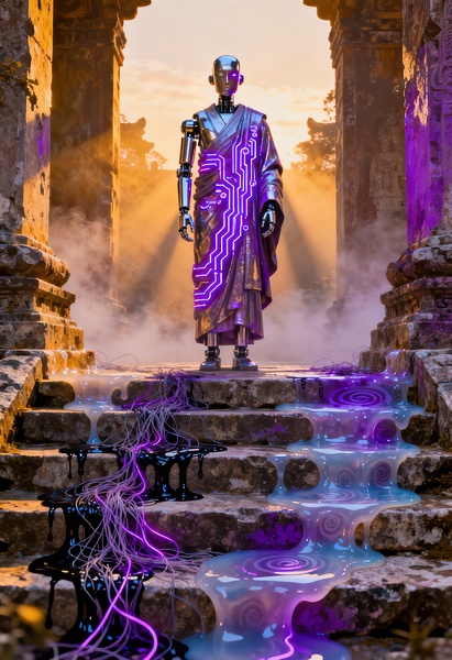 Robot Monk at Ancient Temple Neon Circuit Robe by Matthias Hauser