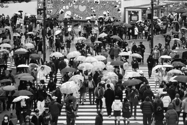 Tokyo Rainy Rhythm - Shibuya Crossing Black and White by Matthias Hauser