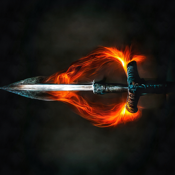 Burning Sword 03 Orange Flames Black Background by Matthias Hauser