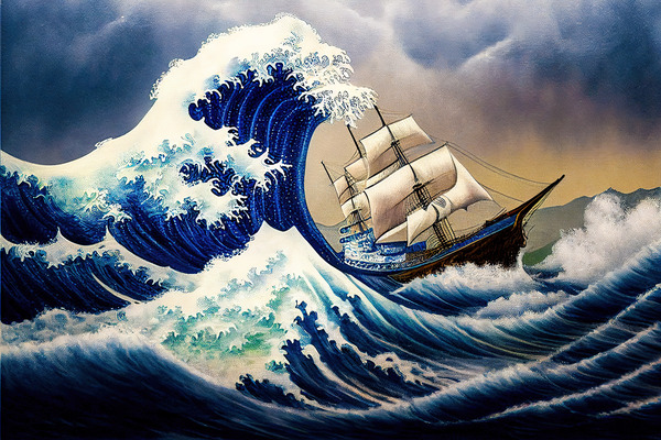 Ship sailing the great wave off Kanagawa 01 by Matthias Hauser