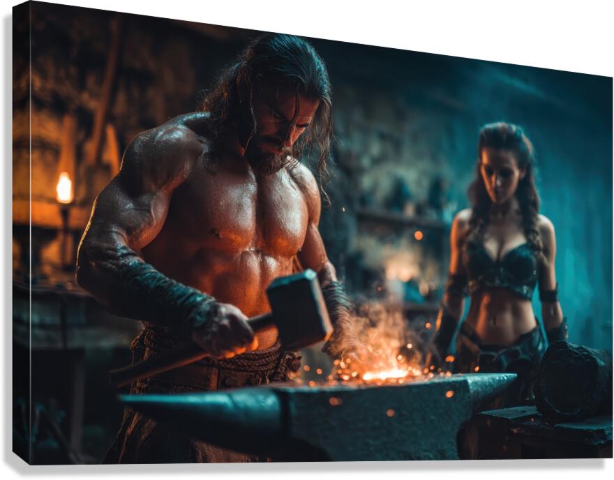 Muscular Blacksmith at the Forge Canvas Print