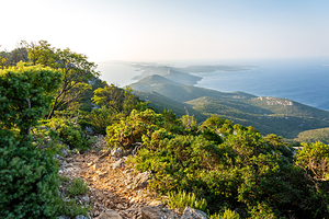 Beautiful view of the archipelago from the Osorcica Televrina mountain on the island of Losinj Croatia at sunrise 