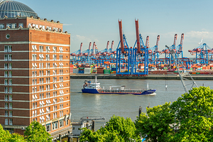 View of the Burchardkai container terminal and ship from Hamburg Övelgönne Germany