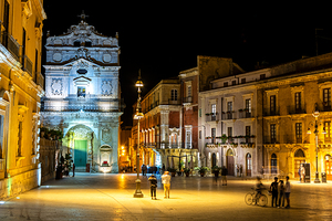 Night shot of baroque buildings in beautiful ancient Italian city Syracuse on the island of Sicily