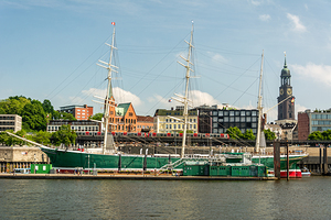 Skyline of Hamburg with famous historic sailing boat Rickmer Rickmers