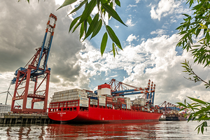 Huge container vessel unloading at the Eurogate container terminal in Hamburg Waltershof