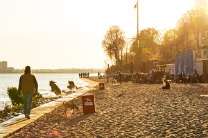 Golden sunset at the beach of the Elbe River in Hamburg 