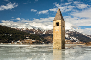 Flooded bell tower in Lake Reschen Reschensee in South Tyrol