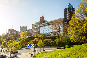 Buildings and hotels at the Landungsbrücken pier in Hamburg