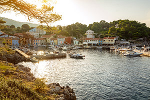 Old harbour of Veli Losinj at the Adriatic Sea in Croatia in the evening light