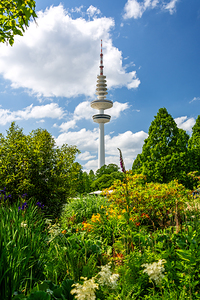 Historic TV Tower in Hamburg seen from the botanical garden at Planten un Bloomen