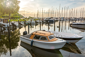 Boats in a marina Langballigau at sunset at the Baltic Sea in Northern Germany