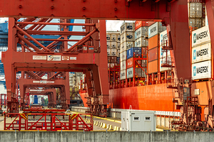 Closeup view of gantry cranes at the Eurogate container terminal in Hamburg
