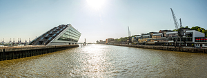 Panorama shot of the waterfront of the Elbe River and historic harbour area in Hamburg Germany 