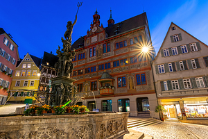 Night shot of a fountain and the town hall in the historic oldtown of Tübingen Germany