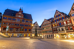 Night shot of the market square and town hall in the oldtown of Tübingen Germany