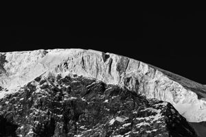 Black and white shot of the majestic glacier on the Ortler Mountain in Sulden in winter 