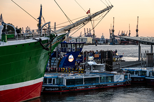 Hamburg Germany – 06 18 2025: Famous historic sailing boat Rickmer Rickmers at St. Pauli Landungsbrücken at the Elbe River