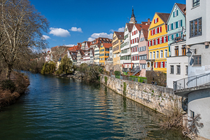 Famous traditional half timbered houses at the riverfront of Tübingen in Southern Germany 