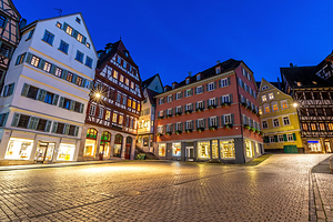 Night shot of the market square and half-timbered buildings in the oldtown of Tübingen Germany