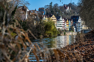 Colourful traditional half timbered houses at the riverfront of Tübingen in Southern Germany 