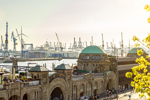 Close shot of St. Pauli Landungsbrücken in Hamburg Germany on a sunny day in spring 