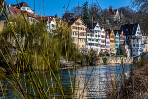 Multicoloured traditional half timbered houses at the riverfront of Tübingen in Southern Germany 
