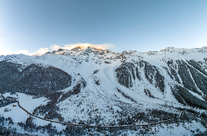 High resolution panorama shot of the Ortler Mountain and the Sulden Valley at sunset