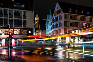 Night shot of blurred bus lights in Tübingen