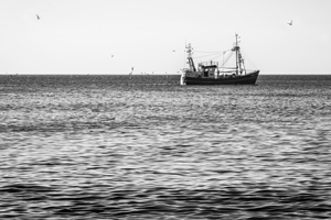 Black and White shot of fishing vessel on the North Sea