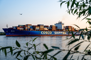 Hamburg Germany – 06 20 2025: Large container vessel on the Elbe River