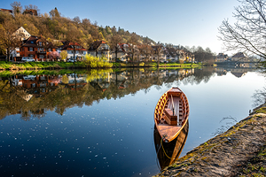 Traditional punt boat on the Neckar River in Tübingen on a beautiful spring morning 