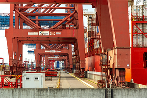 Closeup view of gantry cranes at the Eurogate container terminal in Hamburg Germany