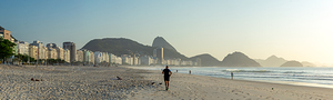 Widescreen panorama shot of Copacabana Beach in Rio de Janeiro in Brazil at sunrise 