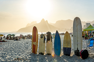 Surf boards at Ipanema Beach in Rio de Janeiro in Brazil at sunset  