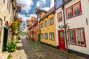 Picturesque historic street in the old town of Flensburg Germany 