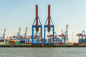 Gantry cranes at the Burchardkai container terminal in Hamburg Övelgönne Germany