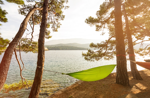 Hammock between pine trees in scenic bay Osor on the island of Losinj in the Adriatic Sea Croatia