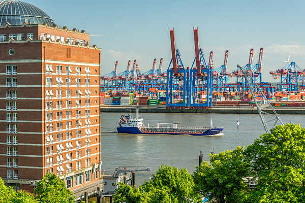 View of the Burchardkai container terminal and ship from Hamburg Övelgönne Germany Print