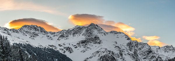 High resolution panorama shot of a beautiful mountain range in Sulden at sunrise  Print
