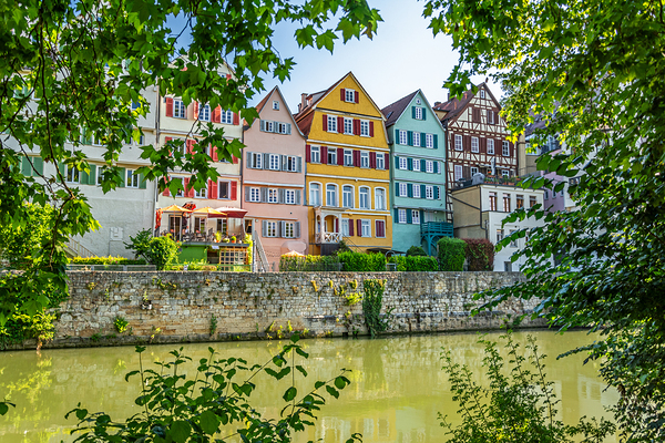 Traditional colourful half-timbered houses at the riverfront of Tübingen Germany  Print