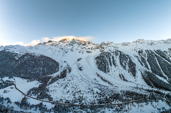High resolution panorama shot of the Ortler Mountain and the Sulden Valley at sunset Print