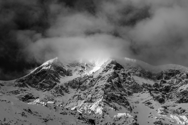 Black and white shot of the majestic Ortler Mountain in Sulden in winter  Print